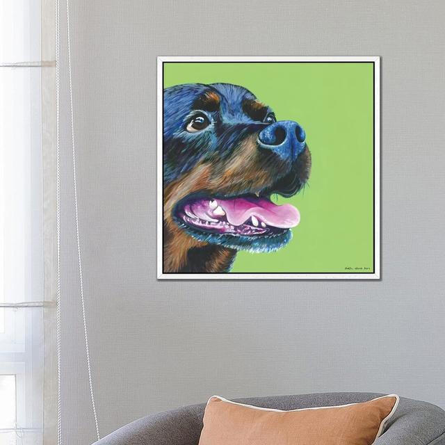 Rottweiller On Lime, Square by Kirstin Wood - Painting on Canvas Latitude Run Size: 66.04cm H x 66.04cm W x 3.81cm D, Format: White Framed on Productcaster.