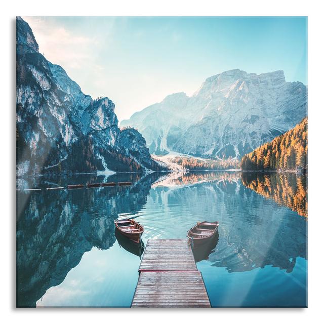 Ungerahmtes Foto auf Glas "Boats at the Jetty of the Braies Lake" Union Rustic Größe: 70 cm H x 70 cm B x 0.4 cm T on Productcaster.