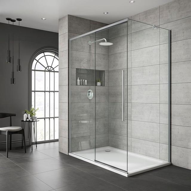 Single Added Semi-Frameless Shower Door with Clear Glass Jaquar Frame Finish: Chrome, Configuration: Left Opening, Size: 200cm H x 150cm W on Productcaster.