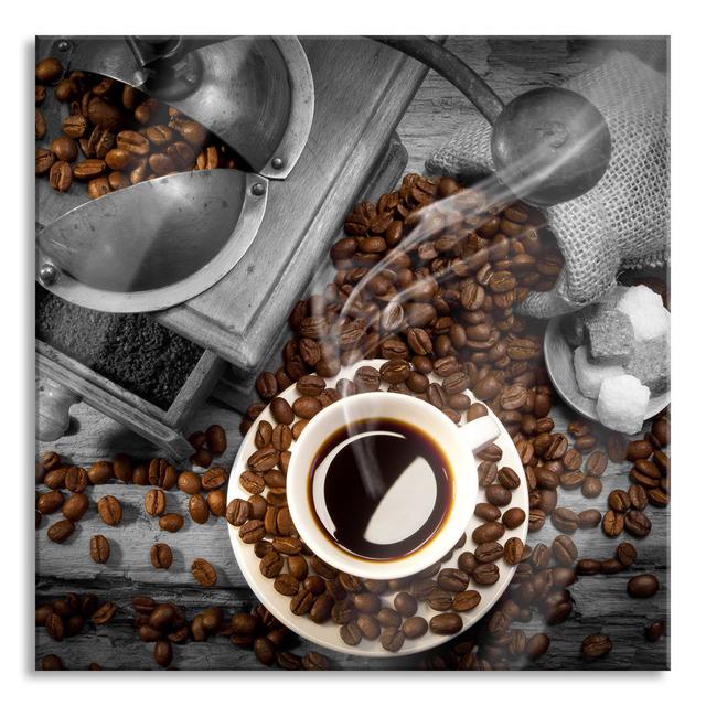 Coffee with Coffee Beans - Unframed Photograph on Glass Brayden Studio Size: 80cm H x 80cm W x 0.4cm D, Colour: Brown on Productcaster.