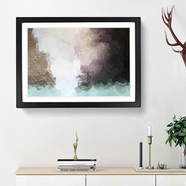 Birds Above a Stag in Abstract - Picture Frame Painting Print East Urban Home Frame Option: Black Framed, Size: 27cm H x 36cm W x 2cm D on Productcaster.