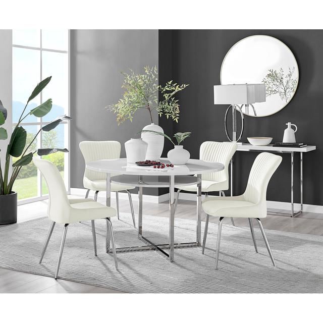 Round Concrete Effect & Black Legs Dining Table With Storage Shelf & 4 Luxury Velvet Dining Chairs Canora Grey Upholstery/Leg: White/Silver on Productcaster.