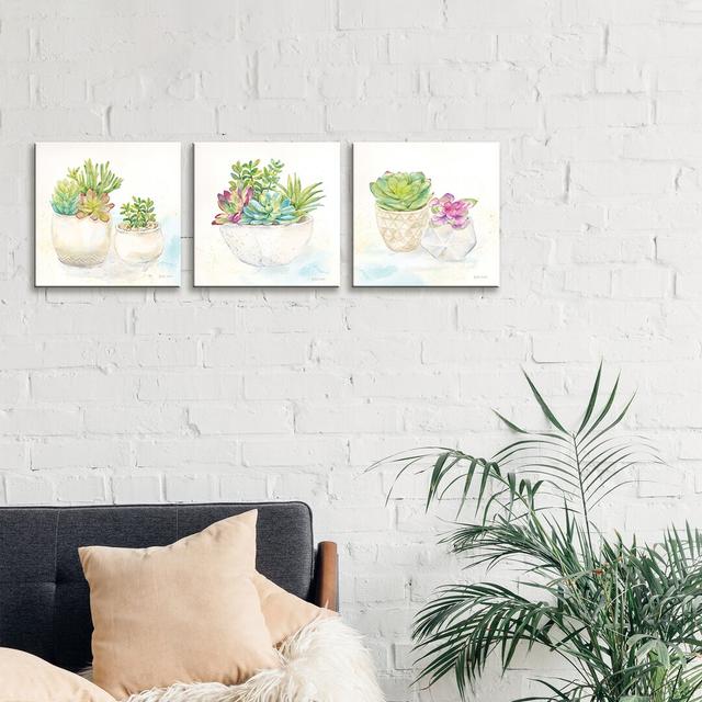 Sweet Succulent Pots Triptych by Cynthia Coulter - Wrapped Canvas Panoramic Painting Latitude Run Size: 30.48cm H x 91.44cm W x 1.91cm D on Productcaster.