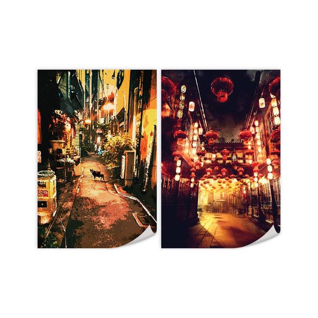 Tokyo Streets - 2 Piece Graphic Art Set on Canvas Clock Canvas Format: Unframed, Size: 70cm H x 100cm W x 0.1cm D on Productcaster.