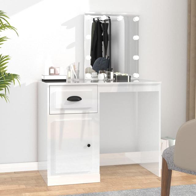 Dressing Table With LED Concrete Grey 90X50x132.5 Cm Engineered Wood Brayden Studio Colour: High Gloss White on Productcaster.