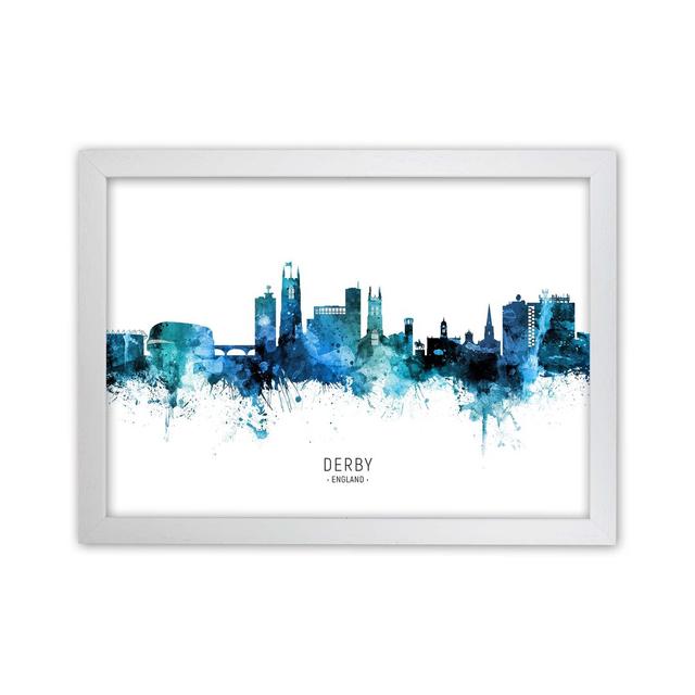 Derby England Skyline Blue City Name by Michael Tompsett - Graphic Art Ebern Designs Size: 34cm H x 46cm W x 3cm D, Format: White Framed on Productcaster.