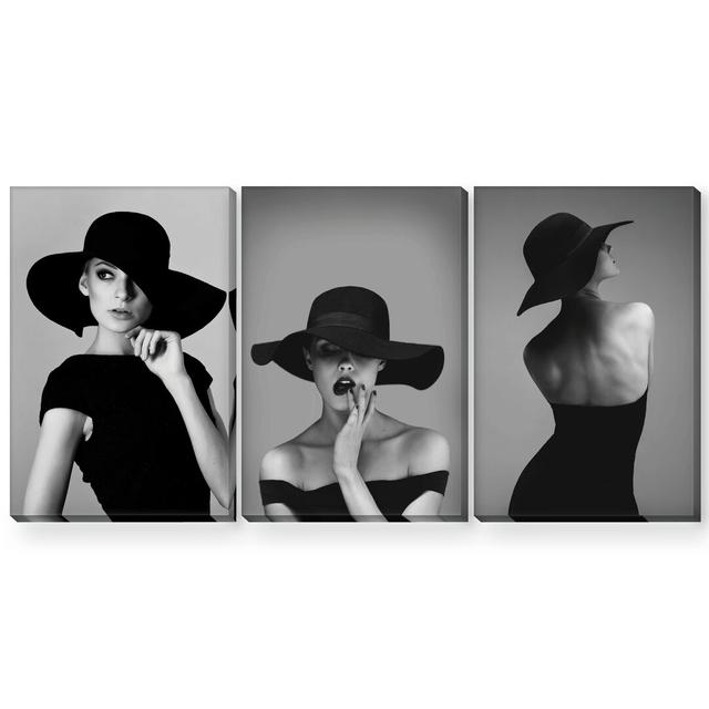 Vogue Woman - 3 Piece Photograph Set on Canvas Clock Canvas Size: 70cm H x 150cm W x 3.8cm D, Format: Wrapped Canvas on Productcaster.