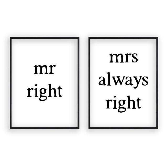 'Mr Right Mrs Always Right' Textual Art (Set of 2) East Urban Home Size: 41cm H x 31cm W x 2.5cm D, Format: Matt Black Frame, Colour: Black on Productcaster.