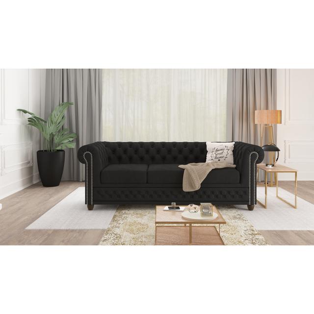 Chesterfield Anzla Sofa Set 3+2+1 Made of Velvet Fabric with Solid Wood Legs Etta Avenue Upholstery Colour: Black on Productcaster.