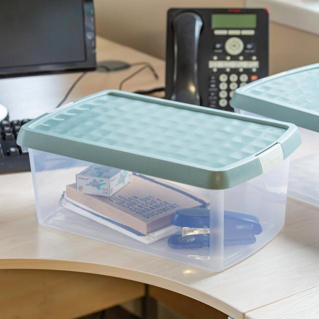 Wham Clip 2x 10.5L Rectangular Plastic Storage Boxes with Secure Clip Lock Lids. L:39 x W:24 x H:15.5cm Clear/Green Milieu/Stone (Set of 2) Wham Colou on Productcaster.