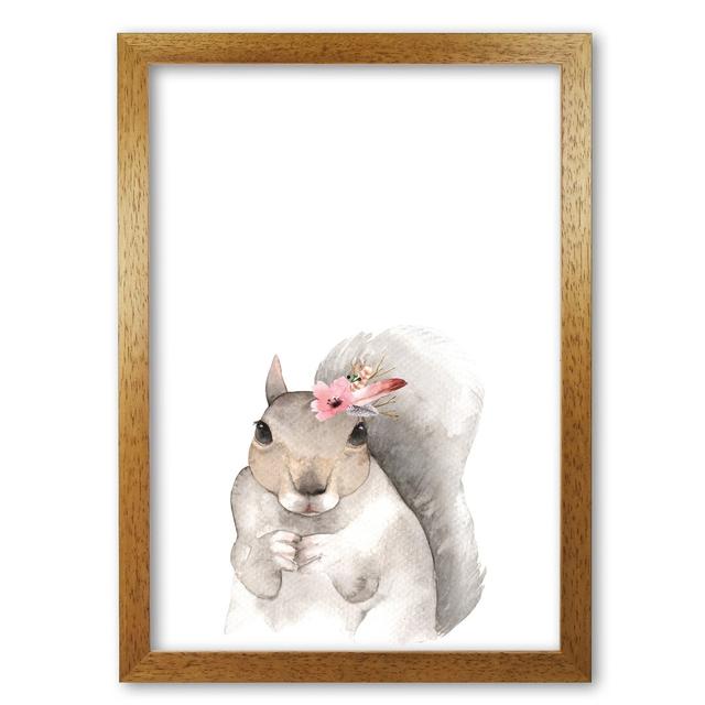 Forest Friends, Floral Cute Squirrel - Single Picture Frame Painting East Urban Home Size: 85 cm H x 60 cm W x 5 cm D, Format: Honey Oak Frame on Productcaster.