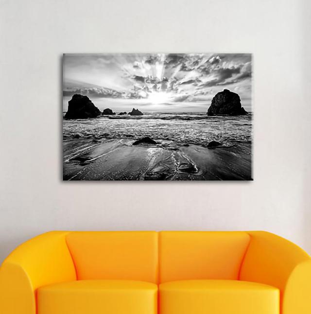 Sand Beach With Rocks In Sunset, Monochrome Canvas Print House of Hampton Maße: 60 cm H x 80 cm B x 1,8 cm T on Productcaster.