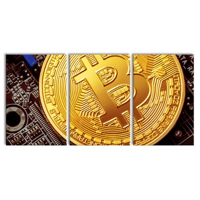 Bitcoin BTC On A Circuit Board - Wrapped Canvas Print Latitude Run Format: 3 piece Canvas set, Size: 60cm H x 180cm W x 2cm D on Productcaster.