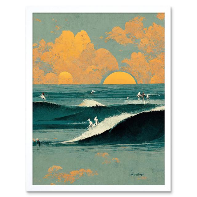 Surfers Surfing Chasing Waves Sunset Abstract - Art Prints Wee Blue Coo Format: White Framed Unframed, Size: 43cm H x 33cm W x 2cm D on Productcaster.