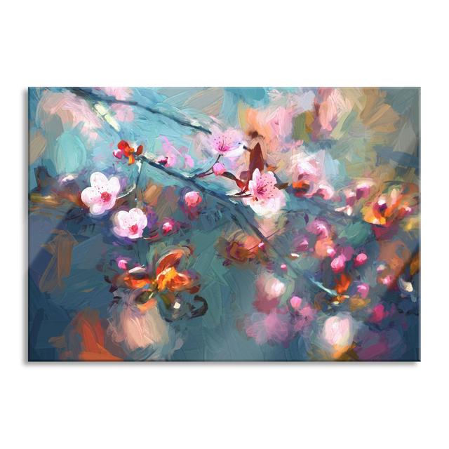 Exotic Sakura Blossoms - Unframed Painting on Glass Brayden Studio Size: 70cm H x 100cm W x 0.4cm D, Colour: Blue/Pink on Productcaster.