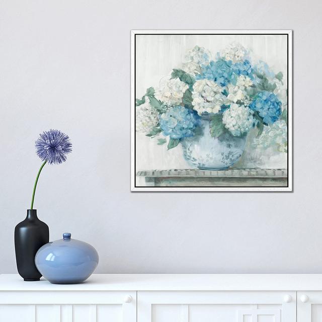 Blue Hydrangea Cottage Crop by Carol Rowan - Painting Print on Canvas Fleur De Lis Living Size: 45.72cm H x 45.72cm W x 3.81cm D, Frame Option: White on Productcaster.