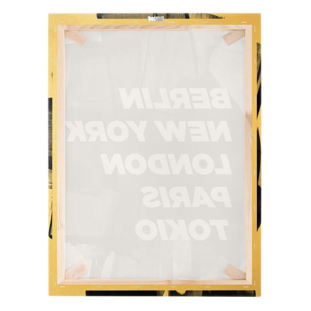 Berlin New York London - Wrapped Canvas Typography Happy Larry Format: Canvas 435g/m², Colour: Yellow, Size: 80cm H x 60cm W on Productcaster.