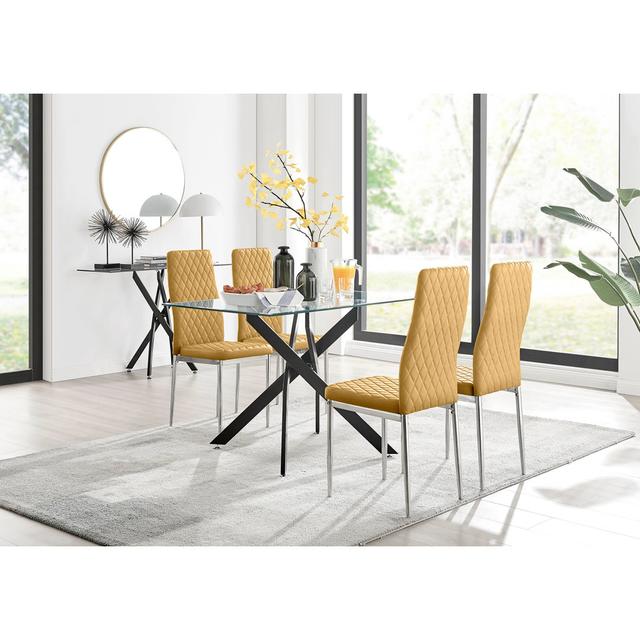 Lenworth Glass Rectangular Dining Table Set with 4 Quilted Velvet Dining Chairs Furniture Box Chair Colour: Mustard, Table Base Colour: Black on Productcaster.