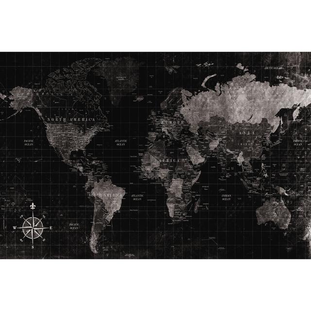 Black and White World Map Distressed - Wrapped Canvas Art Prints Borough Wharf Size: 61cm H x 91cm W x 3.8cm D on Productcaster.