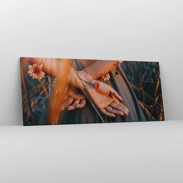 Woman Hands Meadow - Wrapped Canvas Photograph Ebern Designs Size: 50cm H x 120cm W on Productcaster.