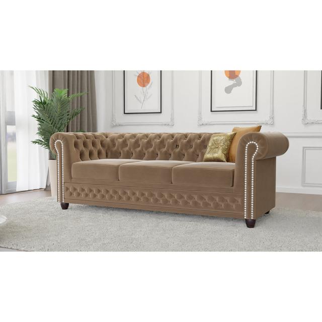 Chesterfield Hanna Sofa Set with Sleeping Function 3+2+1 Made of Velvet Fabric with Solid Wood Legs Mercer41 Upholstery Colour: Beige on Productcaster.