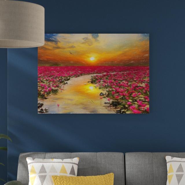 Leinwandbild „Lotusblüten am See im Sonnenuntergang“, Grafikdruck East Urban Home Größe: 70 cm H x 100 cm B on Productcaster.