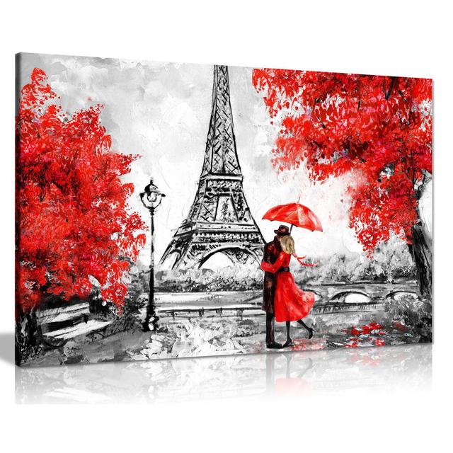 Paris Reproduction Eiffel Tower Red Umbrella - Wrapped Canvas Painting Panther Print Size: 76cm H x 51cm W on Productcaster.