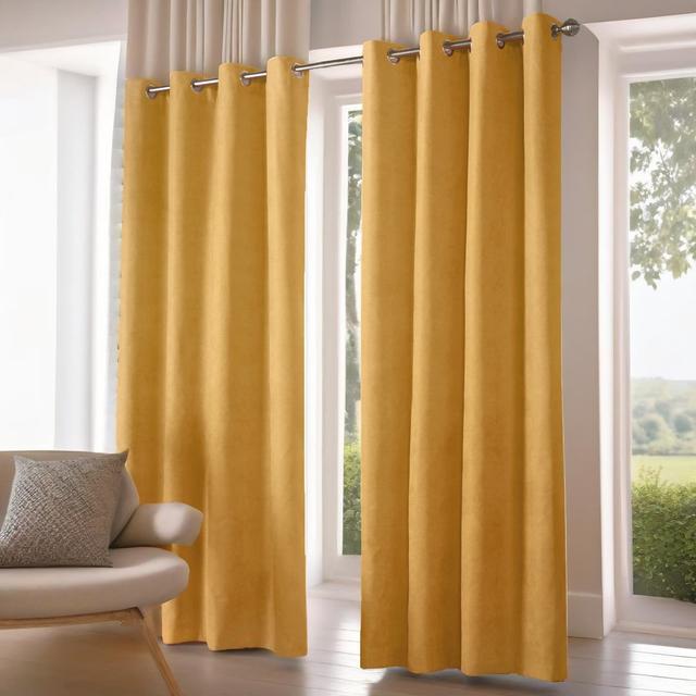 Nalaiyah Velvet Eyelet Curtains (Set of 2) Ebern Designs Panel Size: 142cm Width x 229cm Drop, Colour: Ochre on Productcaster.