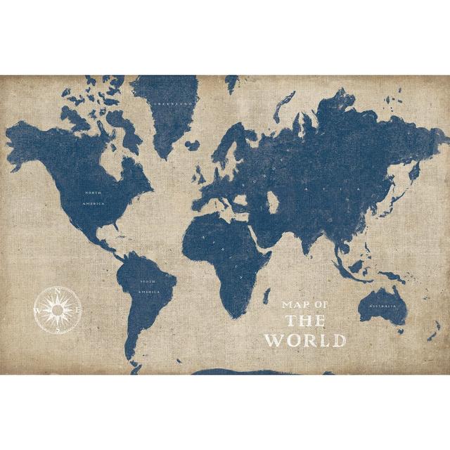 Burlap World Map I Navy by Sue Schlabach - Wrapped Canvas Painting Print Williston Forge Size: 51cm H x 76cm W on Productcaster.