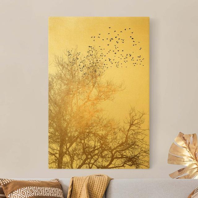 Flock of Birds in Front of a Golden Tree - Wrapped Canvas Graphic Art Rosalind Wheeler Size: 180cm H x 120cm W on Productcaster.