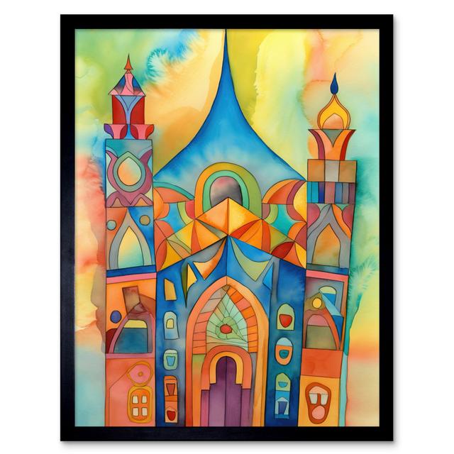 Jewish Synagogue Building Multicoloured Folk Art Watercolour Painting Artwork Framed Wall Art Print 9X7 Inch ClassicLiving on Productcaster.