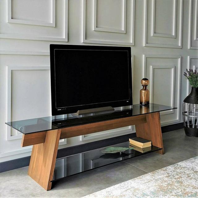 TV stand Dpotenz, Living room sideboard, Low cabinet for TV, 158x40h45 cm, Walnut and Black Ivy Bronx on Productcaster.