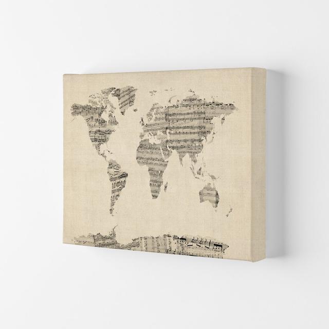 Sheet Music Map Of The World Art Print By Michael Tompsett Happy Larry Format: Wrapped Canvas, Size: 21cm H x 29.7cm W x 4cm D on Productcaster.