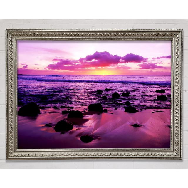 Purple Ocean Sunrise Rocks Framed Print Bright Star Size: 100cm H x 141.4cm W on Productcaster.