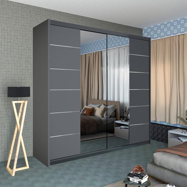 Winnipeg Double Door Sliding Mirror Wardrobe with Adjustable Shelves and Hanging Rails 17 Stories Colour: Grey on Productcaster.