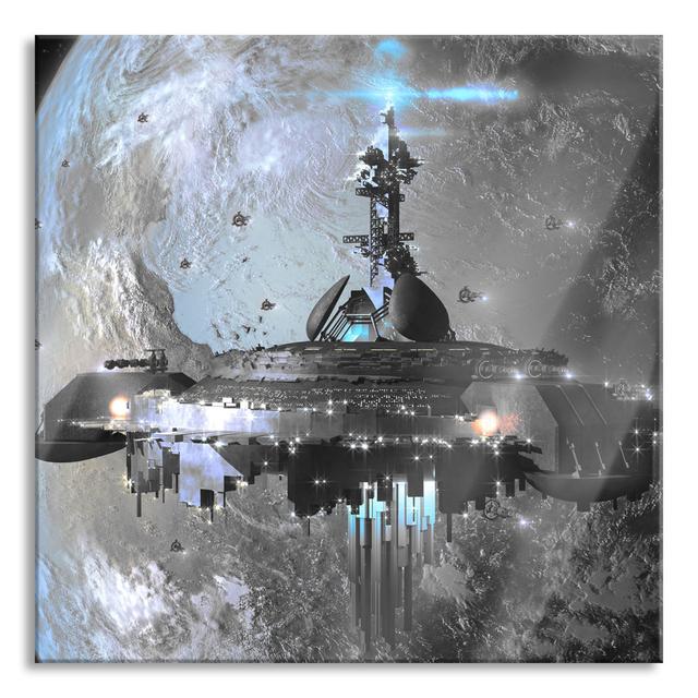 Spaceship in Front of the Earth - Unframed Graphic Art on Glass Happy Larry Size: 70cm H x 70cm W x 0.4cm D on Productcaster.