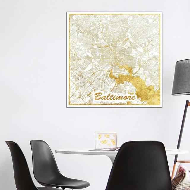 Baltimore Gold Leaf Urban Blueprint Map by Hubert Roguski - Wrapped Canvas Print Borough Wharf Size: 93.98cm H x 93.98cm W x 1.91cm D on Productcaster.