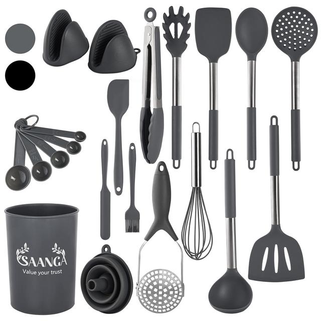 Silicone Kitchen Utensil Set 21 Pcs Non-Stick Heat Resistant Cookware, Food Grade And Dishwasher Safe Cooking Utensils With Holder (Grey) Belfry Kitch on Productcaster.