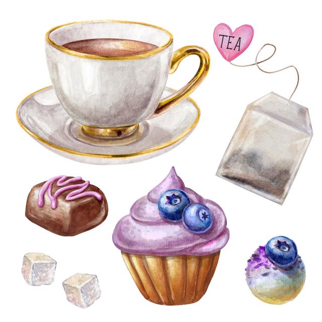 Watercolor Illustration, Porcelain Tea Cup, Blueberry Cupcake, Chocolate Truffle, Biscuit Isolated On White Background Marlow Home Co. Size: 91cm H x on Productcaster.