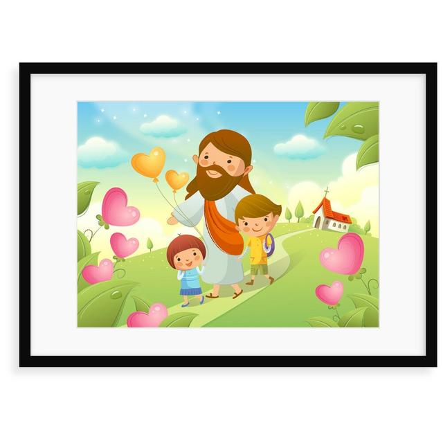 'Jesus Christ Walking with Two Children' Graphic Art Zoomie Kids Size: 50 cm H x 70 cm W x 2.3 cm D, Format: Framed Paper on Productcaster.