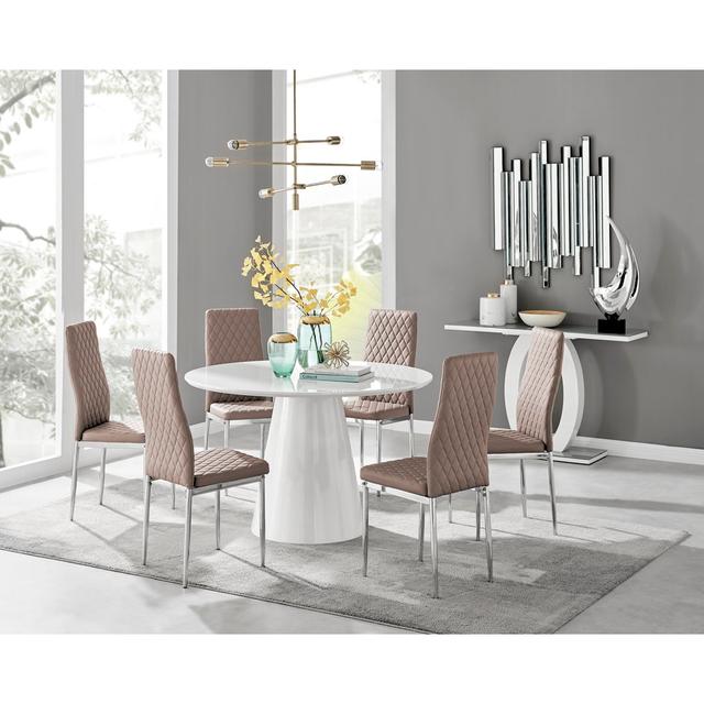 Palma White High Gloss Round Dining Table & 6 Cappuccino Milan Chrome Leg Chairs Canora Grey on Productcaster.