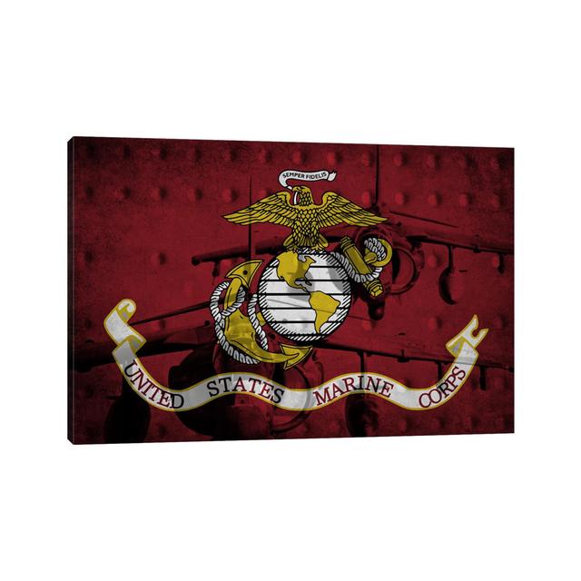 U.S. Marine Corps Riveted Metal Flag (Harrier Jump Jets Background) by iCanvas - Wrapped Canvas Painting Borough Wharf Size: 45.72cm H x 66.04cm W x 3 on Productcaster.