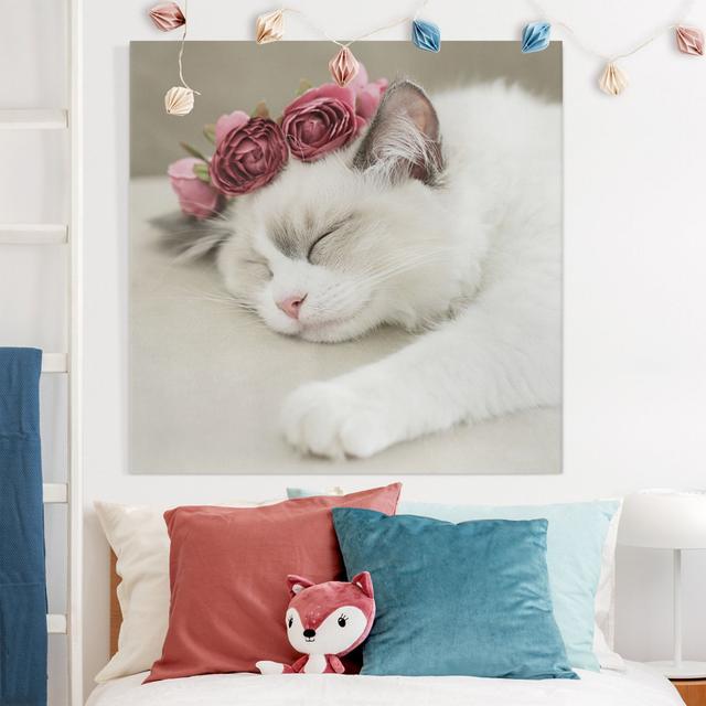 Sleeping cat with roses Happy Larry Size: 70cm H x 70cm W, Format: 330g/m³ Recycled canvas on Productcaster.