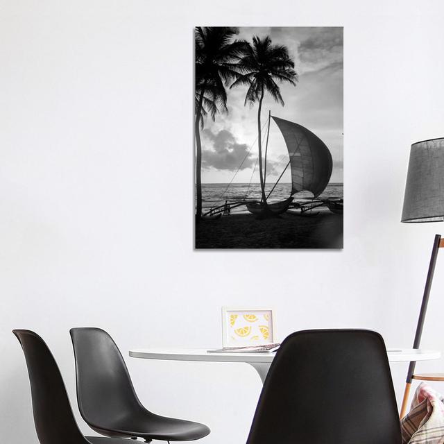 1930s Single Catamaran on Tropical Beach at Sunset Palm Trees Sri Lanka - Wrapped Canvas Photograph Latitude Run Size: 101.6cm H x 66.04cm W x 1.91cm on Productcaster.