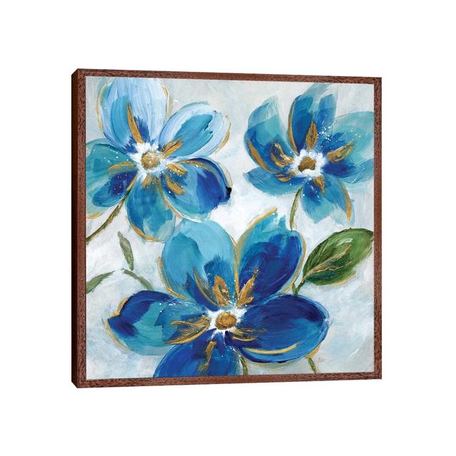 Flowering Blues I by Nan - Graphic Art Print on Canvas Ebern Designs Size: 66.04cm H x 66.04cm W x 3.81cm D, Format: Classic Brown Wood Framed on Productcaster.