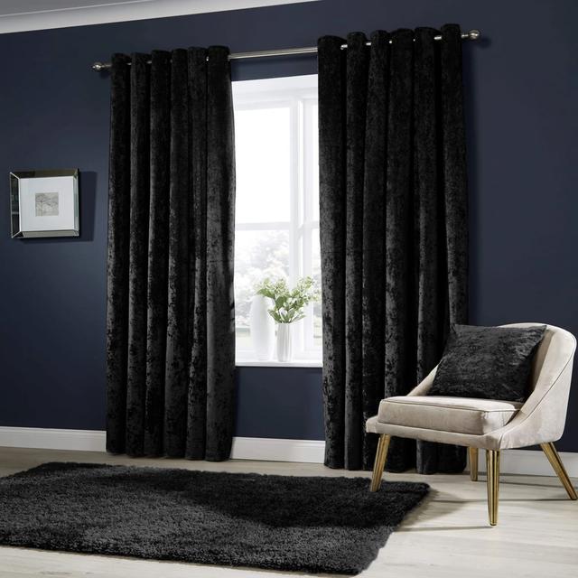 Heavy Crushed Velvet Eyelet Sheer Ready Made Window Curtains Fairmont Park Panel Size: 168 x 183cm, Colour: Black on Productcaster.