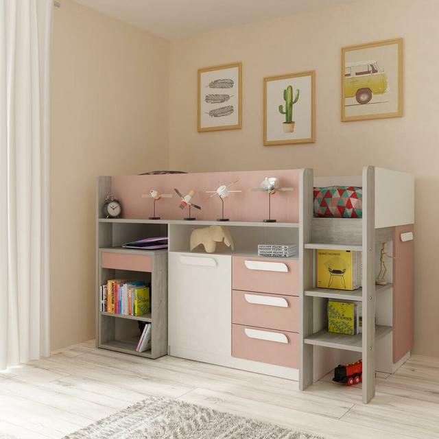 Loren European Single (90 x 200cm) 3 Drawer Mate's & Captain's Mid Sleeper Loft Bed Bed with Bookcase Viv + Rae Colour (Bed Frame): Grey/Pink on Productcaster.