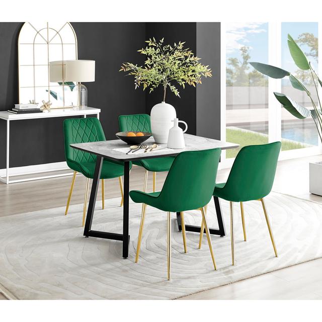 White Marble Effect Melamine Dining Table and Chairs - 4 Luxury Velvet Dining Chairs Canora Grey Colour (Chair): Green/Gold on Productcaster.