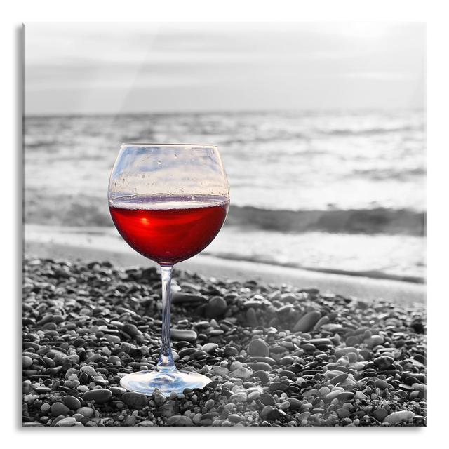 Glasbild Quadratisch | Wandbild Auf Echtglas | Weinglas Am Strand | Inkl. Aufhängung Und Abstandshalter Haus am Meer Farbe: Rot/Grau, Größe: 40cm H x on Productcaster.