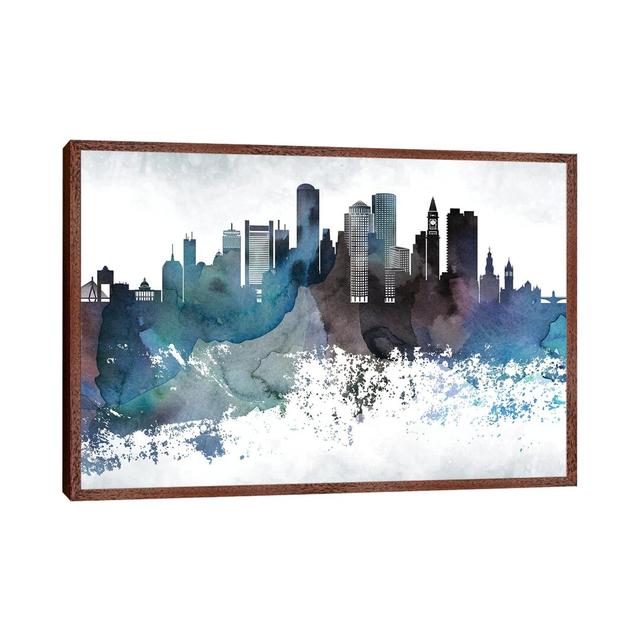 Boston Bluishl Skylines - Print Ebern Designs Size: 66.04cm H x 101.6cm W x 3.81cm D, Format: Classic Brown Wood Framed on Productcaster.